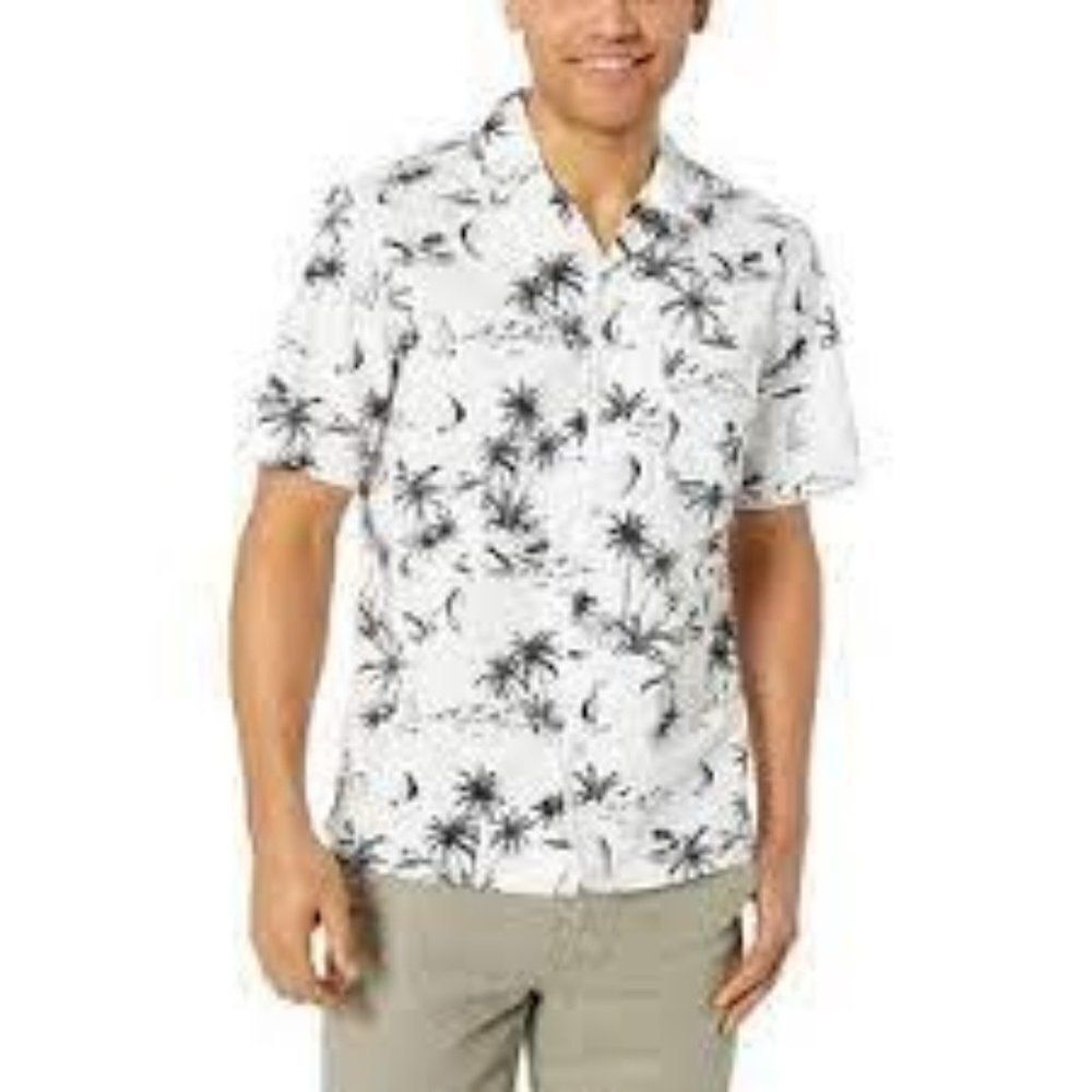 28 Palms Mens White Black Palm Tree Collared Cotton Button Up Shirt Size 4XL